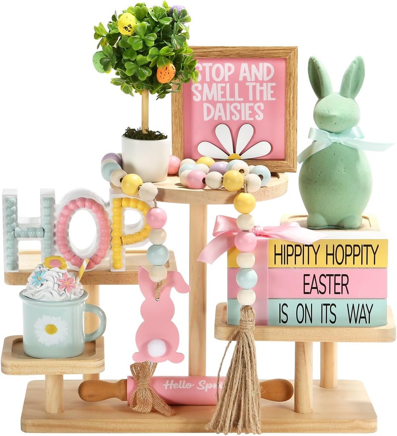 SYNCVIBE 8 PCS Easter Spring Decorations, Easter Bunny Tiered Tray Decoration Set, Spring Table Centerpieces 3D Wood Signs Decorative Plaques for Rustic Farmhouse Shelf Mantel Fireplace Office Desk Coffee Bar - Image 1